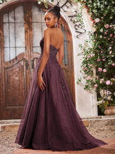 Deep V-neck Appliqued Corset Tulle Lace Maxi Prom Dresses Cabernet