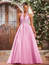 Deep V-neck Appliqued Corset Tulle Lace Maxi Prom Dresses Candy Pink