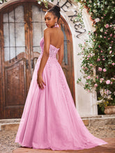 Deep V-neck Appliqued Corset Tulle Lace Maxi Prom Dresses Candy Pink