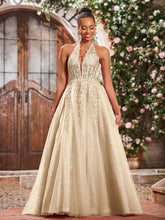 Deep V-neck Appliqued Corset Tulle Lace Maxi Prom Dresses Champagne
