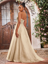 Deep V-neck Appliqued Corset Tulle Lace Maxi Prom Dresses Champagne