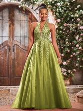 Deep V-neck Appliqued Corset Tulle Lace Maxi Prom Dresses Clover