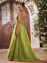 Deep V-neck Appliqued Corset Tulle Lace Maxi Prom Dresses Clover
