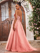 Deep V-neck Appliqued Corset Tulle Lace Maxi Prom Dresses Coral