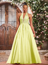 Deep V-neck Appliqued Corset Tulle Lace Maxi Prom Dresses Daffodil