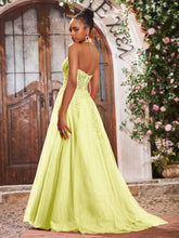 Deep V-neck Appliqued Corset Tulle Lace Maxi Prom Dresses Daffodil