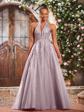 Deep V-neck Appliqued Corset Tulle Lace Maxi Prom Dresses Dusk
