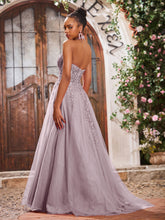 Deep V-neck Appliqued Corset Tulle Lace Maxi Prom Dresses Dusk