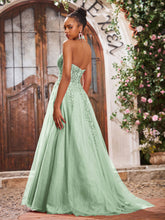 Deep V-neck Appliqued Corset Tulle Lace Maxi Prom Dresses Dusty Sage