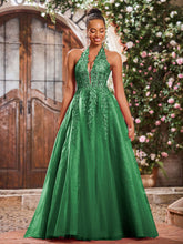 Deep V-neck Appliqued Corset Tulle Lace Maxi Prom Dresses Emerald