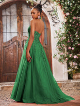 Deep V-neck Appliqued Corset Tulle Lace Maxi Prom Dresses Emerald