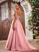 Deep V-neck Appliqued Corset Tulle Lace Maxi Prom Dresses Flamingo