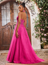 Deep V-neck Appliqued Corset Tulle Lace Maxi Prom Dresses Fuchsia