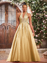 Deep V-neck Appliqued Corset Tulle Lace Maxi Prom Dresses Gold