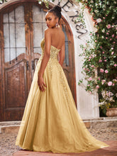 Deep V-neck Appliqued Corset Tulle Lace Maxi Prom Dresses Gold