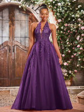 Deep V-neck Appliqued Corset Tulle Lace Maxi Prom Dresses Grape