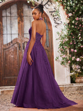 Deep V-neck Appliqued Corset Tulle Lace Maxi Prom Dresses Grape