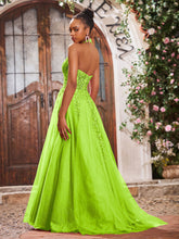 Deep V-neck Appliqued Corset Tulle Lace Maxi Prom Dresses Lime Green