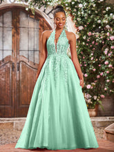Deep V-neck Appliqued Corset Tulle Lace Maxi Prom Dresses Mint Green