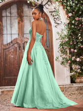 Deep V-neck Appliqued Corset Tulle Lace Maxi Prom Dresses Mint Green