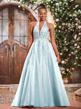 Deep V-neck Appliqued Corset Tulle Lace Maxi Prom Dresses Mist