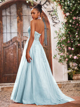 Deep V-neck Appliqued Corset Tulle Lace Maxi Prom Dresses Mist