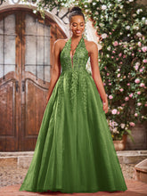 Deep V-neck Appliqued Corset Tulle Lace Maxi Prom Dresses Moss
