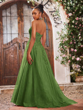Deep V-neck Appliqued Corset Tulle Lace Maxi Prom Dresses Moss