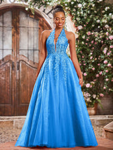 Deep V-neck Appliqued Corset Tulle Lace Maxi Prom Dresses Ocean Blue