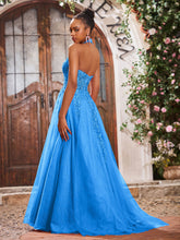 Deep V-neck Appliqued Corset Tulle Lace Maxi Prom Dresses Ocean Blue