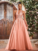 Deep V-neck Appliqued Corset Tulle Lace Maxi Prom Dresses Papaya