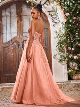 Deep V-neck Appliqued Corset Tulle Lace Maxi Prom Dresses Papaya