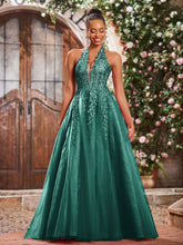 Deep V-neck Appliqued Corset Tulle Lace Maxi Prom Dresses Peacock