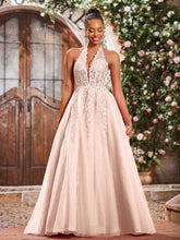 Deep V-neck Appliqued Corset Tulle Lace Maxi Prom Dresses Pearl Pink