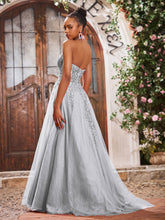 Deep V-neck Appliqued Corset Tulle Lace Maxi Prom Dresses Silver