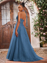 Deep V-neck Appliqued Corset Tulle Lace Maxi Prom Dresses Slate Blue