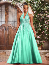 Deep V-neck Appliqued Corset Tulle Lace Maxi Prom Dresses Turquoise