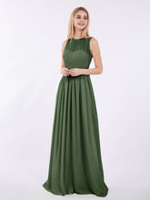 Chiffon Illusion Neck Maxi Gowns Of Bridesmaids Olive Green