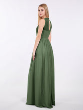 Chiffon Illusion Neck Maxi Gowns Of Bridesmaids Olive Green