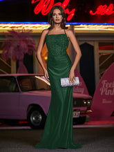 Square Sweep Train Appliqued Jersey Gown Dark Green