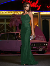 Square Sweep Train Appliqued Jersey Gown Dark Green