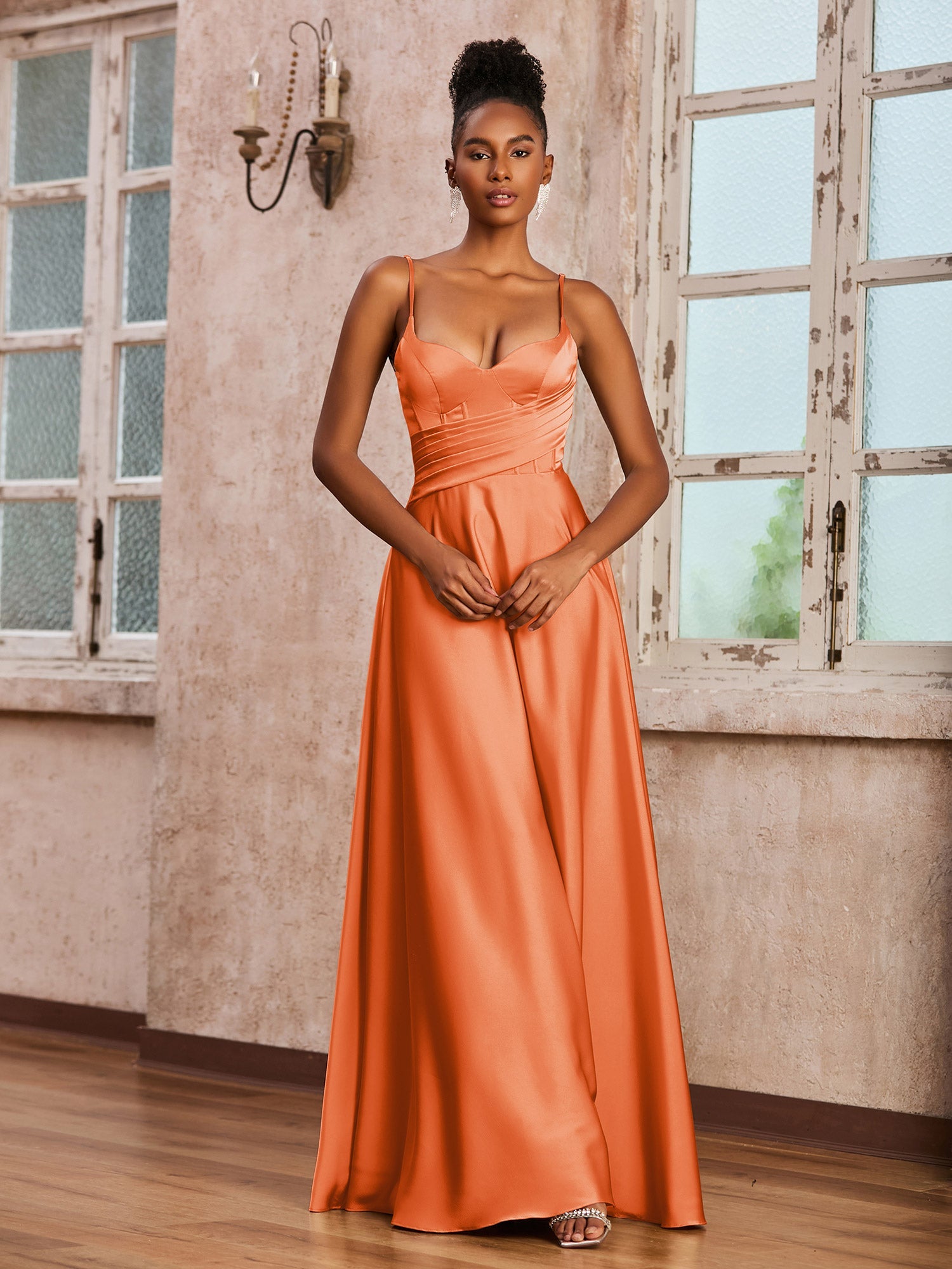 Elegant Diamand Corset Stretch Satin Maxi Dress Burnt Orange