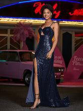 Spaghetti Straps Sheath Sequin Prom Dresses Dark Navy