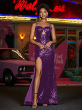 Spaghetti Straps Sheath Sequin Prom Dresses Grape