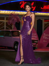 Spaghetti Straps Sheath Sequin Prom Dresses Grape