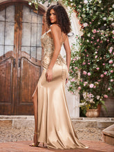 Spaghetti Straps Corset Bodice Stretch Satin Gowns With Slit Champagne