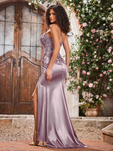Spaghetti Straps Corset Bodice Stretch Satin Gowns With Slit Dusk