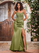 Spaghetti Straps Corset Bodice Stretch Satin Gowns With Slit Dusty Sage