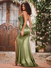 Spaghetti Straps Corset Bodice Stretch Satin Gowns With Slit Dusty Sage