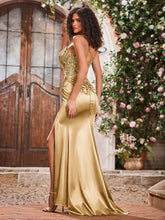 Spaghetti Straps Corset Bodice Stretch Satin Gowns With Slit Gold